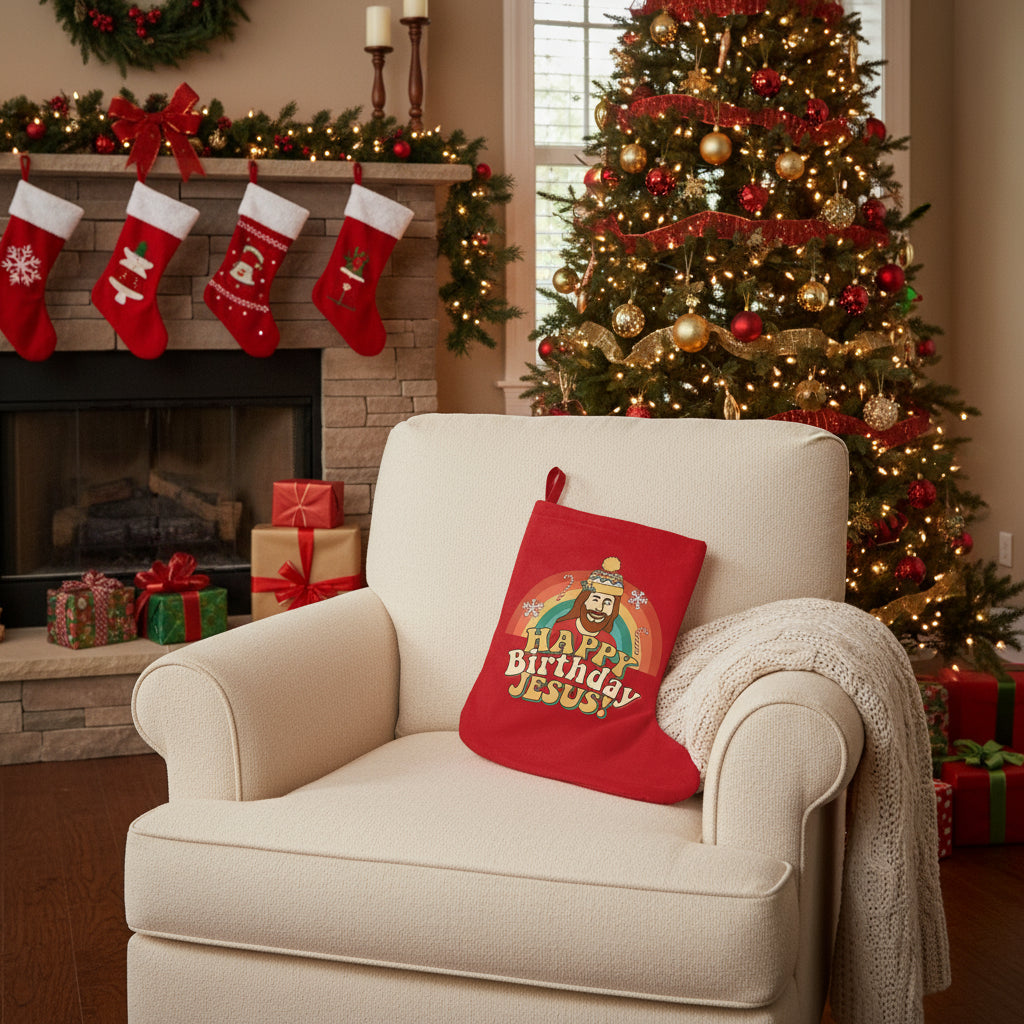 "Happy Birthday Jesus!" Christmas Stocking (in Red)